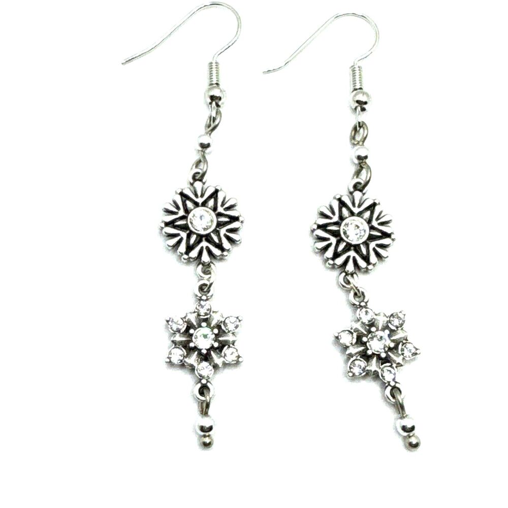 Brighton Arctica 2-Snowflakes Dangle Crystals Holiday Winter Silver Earrings
